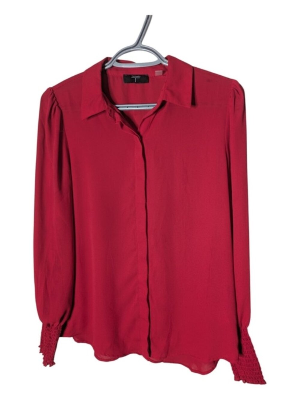 T Tahari Red Long Sleeve Smocked Cuff Button Down Blouse Size Small